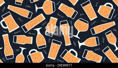Nahtloses Muster, Bier Tischset. Nahtloses Muster mit Bierglas-Typen. Grafikdesign für Bar, Pub, Restaurant, Bier Thema. Bier Tischset und grafischer Dessin Druck. Vektorgrafik Stock Vektor