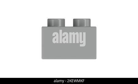 Lego Block aus Metallic-Silber isoliert auf weißem Hintergrund. Nahaufnahme Ansicht eines Plastikspielsteins für Kinder für Konstrukteure, Seitenansicht. Hohe Qualität 3D Stockfoto