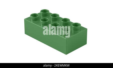 Mint Green Kunststoff Lego Block isoliert auf einem weißen Hintergrund. Spielzeugstein Für Kinder, Perspektivische Ansicht. Nahaufnahme Game Block für Konstrukteure. 3D illustrat Stockfoto