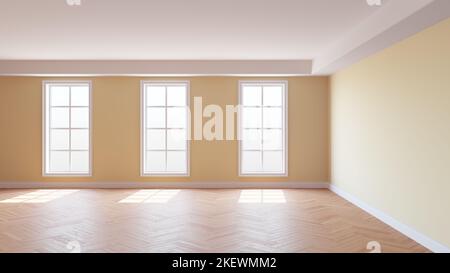 Beigefarbenes leeres Zimmer mit weißer Decke und Eckleiste, glänzendem Herringbone-Parkettboden, drei großen Fenstern und weißem Sockel. 3D Render, 8K Ultra HD Stockfoto