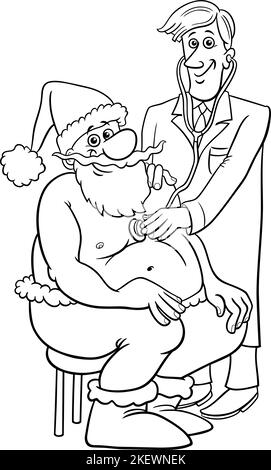 Schwarz-Weiß-Cartoon-Illustration des Weihnachtsmanns auf der Arzt Untersuchung Malseite Stock Vektor