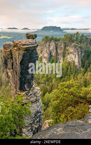 Blick auf den Wehlnadel-Felsen im Nationalpark Sachsen-Schweiz, Sachsen, Deutschland Stockfoto