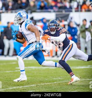 Chicago, IL, USA. 13.. November 2022. Chicago Bears #33 Jaylon Johnson jagt Löwen #11 Kalif Raymond während eines Spiels gegen die Detroit Lions in Chicago, IL. Mike Wulf/CSM/Alamy Live News Stockfoto