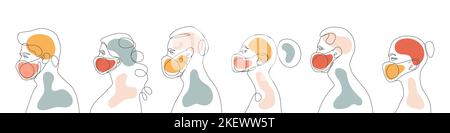 Menschen mit Masken. Gruppe von Menschen, die medizinische Masken tragen. Silhouette Profilgruppe. Vektorgrafik Stock Vektor
