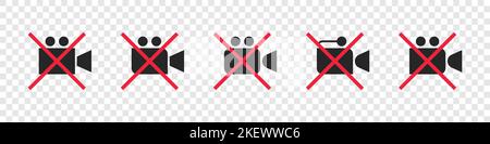 Filmen ist verboten. Videokamerasymbole eingestellt. Filmkamera, Kamerasymbole für Filmkameras. Symbole für Videorecorder. Neue Symbole. Vektorgrafik Stock Vektor
