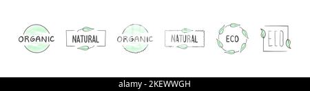 Set aus Bio, Bio, Bio, frisch, gesund, 100 Prozent, Nateral Food. Vorlagen. Vektorgrafik Stock Vektor