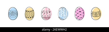 Frohe Ostern. Ostereier-Set. Eiersammlung von Hand gezeichnet mit Pinsel-Scribble-Linien. Trendiges Design. Vektorgrafik Stock Vektor