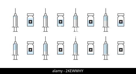 Coronavirus-Impfstoff. Flache Symbole für Spritze und Impffläschchen. Behandlung von Coronavirus covid. Isolierte Vektordarstellung Stock Vektor
