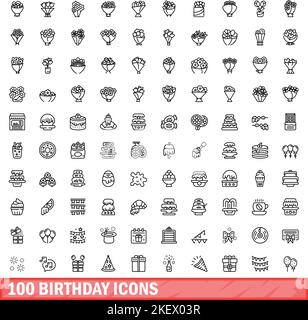 100 Geburtstagssymbole eingestellt. Skizzieren Sie die Darstellung von 100 Geburtstagssymbolen Vektorset isoliert auf weißem Hintergrund Stock Vektor