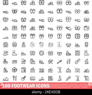 100 Schuhe Icons Set. Skizzieren Sie die Abbildung von 100 Schuhen Symbole Vektor-Set isoliert auf weißem Hintergrund Stock Vektor