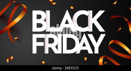 Schwarzes Freitagsbanner mit goldenem Konfetti. Vorlage für Promotion, Werbung, Online-Werbung, Social Media und Modewerbung. Vektorgrafik. Stock Vektor