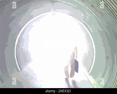 Licht am Ende des Tunnels. Silhouette eines Mannes, der am Ende eines langen Tunnels ins Licht geht. Ausgang zum Freedom Light Konzept. Vektor Stockfoto