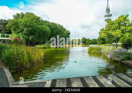 Teich und Natur Botanischer Garten 'Planten un Blomen'. Menschen sitzen und gehen in großer Entfernung und TV (Kommunikation) Turm in Hamburg und Teil Stockfoto