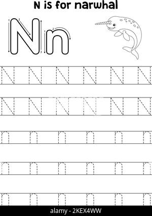 Narwhal Tier Verfolgung Buchstabe ABC Färbung Seite N Stock Vektor