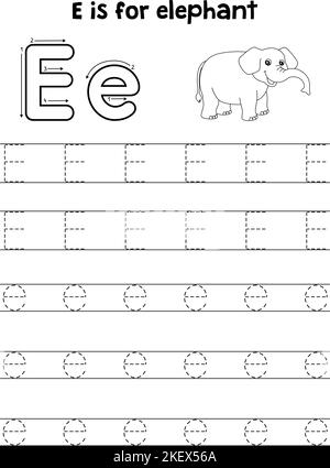 Elefant Tier Spuren Buchstabe ABC Färbung Seite E Stock Vektor