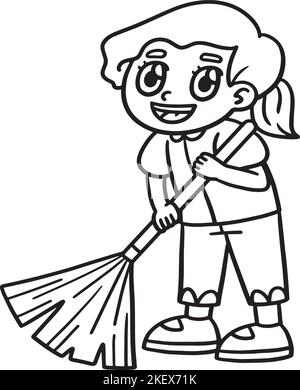 Earth Day Girl Sweeping Isolated Coloring Page Stock Vektor