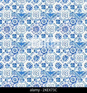 Aquarell blau Stil Porzellan nahtlose Muster, niederländische Keramik Fliesen Ornament. Altmodische handgezeichnete rustikale Blumenmotive. Stilisierte Blumen Stockfoto