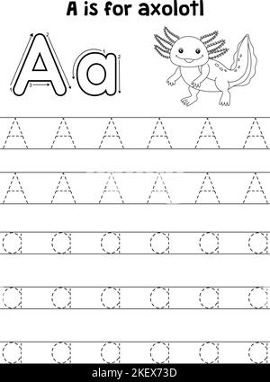 Axolotl Tierverfolgung Buchstabe ABC-Färbung Seite A Stock Vektor