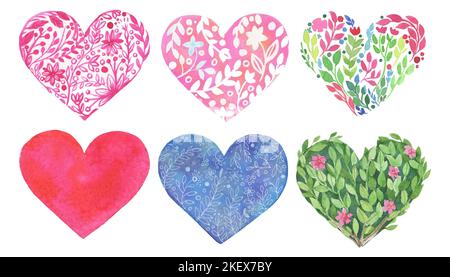 Aquarell Illustration Set der Liebe St. Valentine's Illustration, Liebe, romantische Illustration. Herzen isoliert auf weißem Hintergrund für Grußkarte Stockfoto