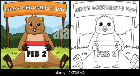 Groundhog Holding Kalender Färbung Illustration Stock Vektor