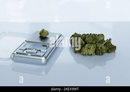 Cannabisflos, medizinisches Marihuana stapeln sich neben einer Präzisionswaage, sichere Art, Medizin einzunehmen Stockfoto