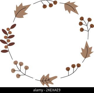 Runder Rahmen aus bunten Herbstpflanzen in trendigen Farbtönen. Copyspace. Schablone für Beschriftung, Karte. Aufkleber. Isolieren. Vektor. EPS Design für Print Grüße, Hemd, Banner, Poster, Preisschild, Etikett Stock Vektor