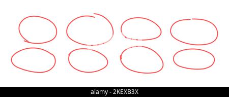 Sammlung von verschiedenen roten Kreisen. Legen Sie den handgezeichneten Markierungskreis auf weißem Hintergrund isoliert fest Stock Vektor