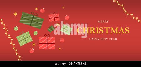 Frohe Weihnachten und Frohes neues Jahr. Ein schönes rotes Banner für eine Website, einen Beitrag, eine Postkarte, eine Seite oder eine App Stock Vektor