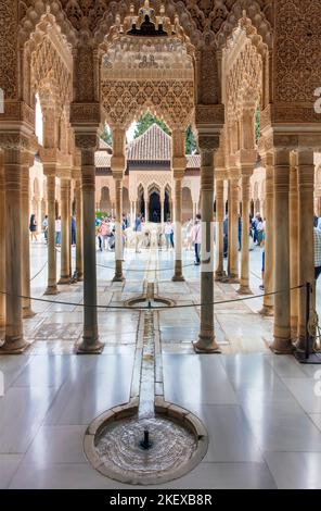 Menschen, die durch Säulen betrachtet werden, versammeln sich um den Löwenbrunnen in der Alhambra, Granada, Andalusien, Spanien Stockfoto