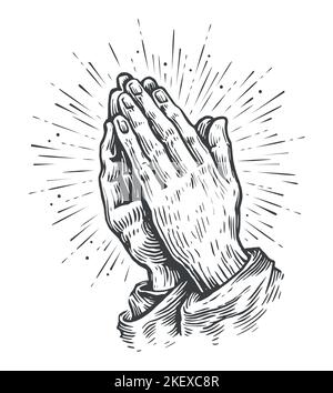 Skizzenhafte Gebetshände mit Sonneneinbruch. Zwei Hände in Gebetshaltung. Anbetung, Gebet Symbol. Skizze Vintage Vektor Illustration Stock Vektor