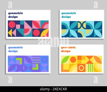 Set aus horizontalen Hintergründen mit geometrischen Formen im Bauhaus-Stil. Bunte Kreise, Dreiecke und Quadrate. Stock Vektor