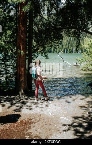 Junges Mädchen von hinten, das auf den Bergsee schaut Stockfoto