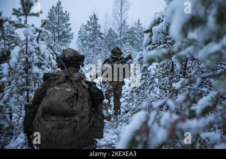 US-Soldaten mit 6. Squadron, 9. Kavallerieregiment, 3. Brigade Combat Team, 1. Kavallerie Division (3-1 ABCT), operativ der 1. Infanterie Division (1 ID) zugewiesen, patrouillieren schneebedeckte Wälder während Hammer 22, eine jährliche kombinierte Streitkräfteübung, die von und neben dem finnischen Armeehauptquartier, der Panzerbrigade, der Pori Brigade, durchgeführt wird, Karelia Brigade, UTI Jaeger Regiment und Logistikabteilung der Streitkräfte, in Niinisalo, Finnland, 9. November 2022. Die 3-1 ABCT arbeitet unter anderem unter der ID 1 stolz mit Verbündeten und regionalen Sicherheitspartnern zusammen, um für eine glaubwürdige Bekämpfung zu sorgen Stockfoto