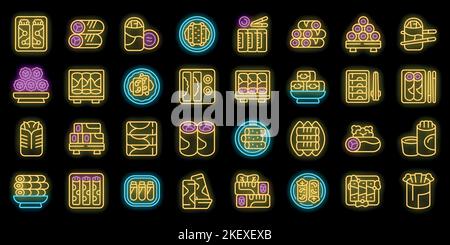 Symbole für die Federrolle legen den Umrissvektor fest. Asiatische Küche. Chinesische thai Neonfarbe auf schwarz Stock Vektor