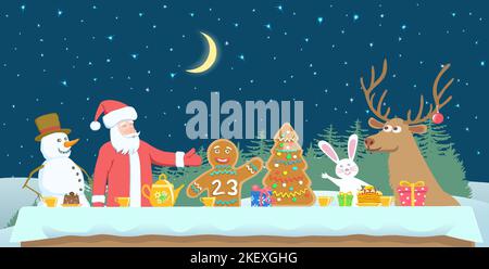 Weihnachtsfiguren am Tisch servierten zum Neujahrsfest mit Kuchen, Tee und Geschenken. Stock Vektor