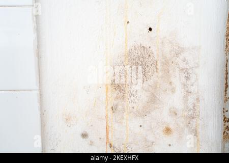 Blick auf eine Wand mit Regenwasser, das in die Wand sickerte und Schäden verursachte und die Farbe abblätterte Stockfoto