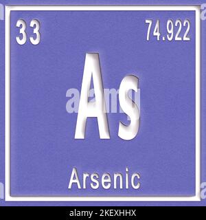 Arsen-chemisches Element, Zeichen mit Ordnungszahl und Ordnungsgewicht, Periodensystem Stockfoto