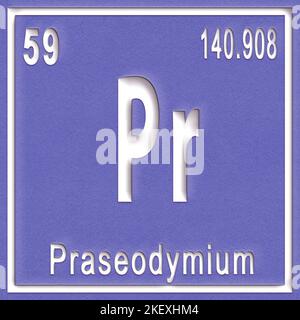 Chemisches Praseodym-Element, Zeichen mit Ordnungszahl und Atomgewicht, Periodensystem Stockfoto