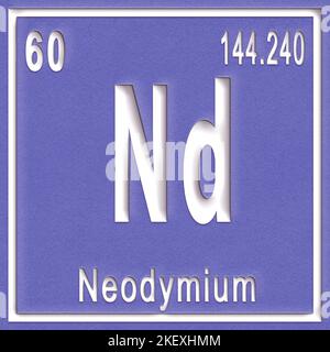 Chemisches Neodym-Element, Zeichen mit Ordnungszahl und Atomgewicht, Periodensystem Stockfoto