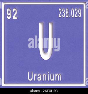 Chemisches Element Uran, Zeichen mit Ordnungszahl und Atomgewicht, Periodensystem Stockfoto