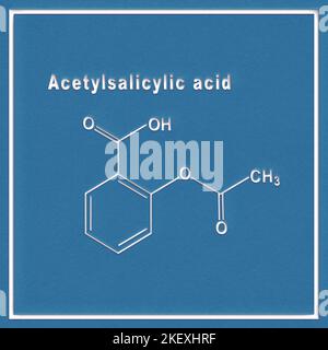 Acetylsalicylsäure, Aspirin, strukturelle chemische Formel auf weißem Hintergrund Stockfoto