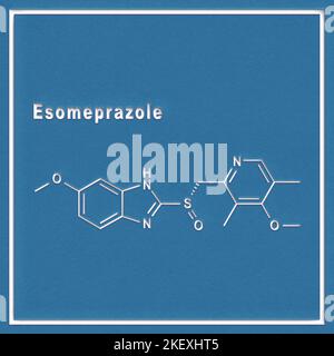 Esomeprazol, reduziert Magensäure strukturelle chemische Formel auf weißem Hintergrund Stockfoto