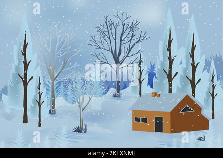Winter Berge Landschaft mit Häusern und Bäumen auf Vektor-Hintergrund mit Schneeflocken fallen vom Himmel. Cartoon Winterlandschaft von kaltem Wetter Stock Vektor