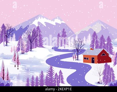 Winter Berge Landschaft mit Häusern und Bäumen auf Vektor-Hintergrund mit Schneeflocken fallen vom Himmel. Cartoon Winterlandschaft von kaltem Wetter Stock Vektor