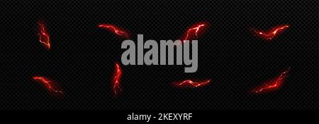 Blitzschlag, elektrischer Blitz, roter Aufprall, Riss, magischer Energieblitz. Starke elektrische Entladung während des nächtlichen Sturms, isoliert auf transparentem Hintergrund, realistische 3D-Vektor-Schrauben gesetzt Stock Vektor