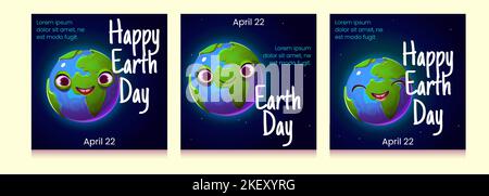 Happy Earth Day Poster, niedliche Cartoon-Planet-Figur mit lächelndem Gesicht im Weltraum. Umweltschutz, Umweltschutz-Konzept mit lustigen freundlichen Globus-Persönlichkeit, Vektor-Grußkarten-Set Stock Vektor