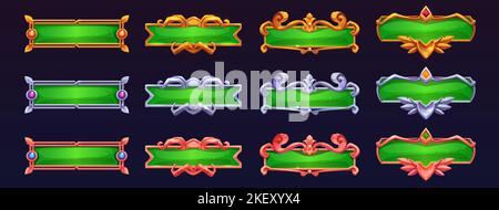 Grüne Spielknöpfe mit Gold-, Silber- und Bronzerahmen im mittelalterlichen Fantasy-Stil mit Wirbeln und Edelsteinen. Game Banner mit goldenen, Kupfer-und Metallrahmen, Vektor-Cartoon-Set Stock Vektor