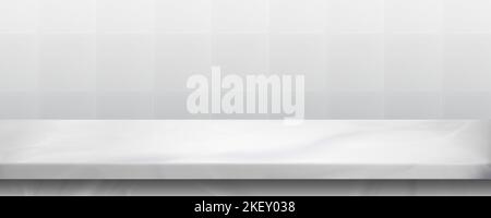Arbeitsplatte aus weißem Marmor und geflieste Wand. Leeres Badregal, Küchentischplatte mit Steinstruktur und Mosaikhintergrund im Hintergrund, Vektor-realistische Illustration Stock Vektor