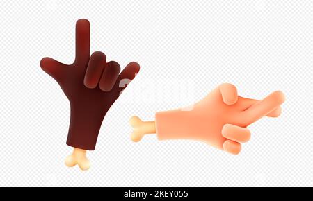 3D Render Handgesten schwarz-weiße Handflächen mit Knochen, die Felsen und gekreuzte Finger zeigen. Lustige Figur Körpersprache, Emoji Kommunikationselemente, Vektor-Illustration in Cartoon-Kunststoff-Stil Stock Vektor
