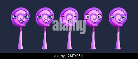 Spiral-Lollipop-Charakter, verdrehte Hartzucker-Süßigkeiten auf Stick mit Gesicht mit verschiedenen Ausdrücken. Lustige lila und rosa Lollypop isoliert auf schwarzem Hintergrund, Vektor-Cartoon-Illustration Stock Vektor